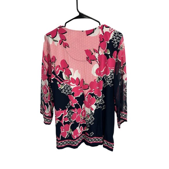 JM Collection Floral 3/4 Sleeve Top Pink Multi Sz Medium Embellished Bohemian - Picture 2 of 9